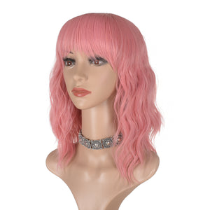 Morvally Short Pink Wavy Bob Wig with Bangs for Women 16 Inches Natural Synthetic Hair Wavy Wigs