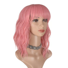 将图片加载到图库查看器，Morvally Short Pink Wavy Bob Wig with Bangs for Women 16 Inches Natural Synthetic Hair Wavy Wigs