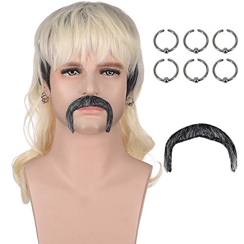 AMZCOS Tiger King Joe Exotic Costume Halloween Sets | Dark Roots Blonde Wavy Wigs with 6 Earrings | Tiger Mustache