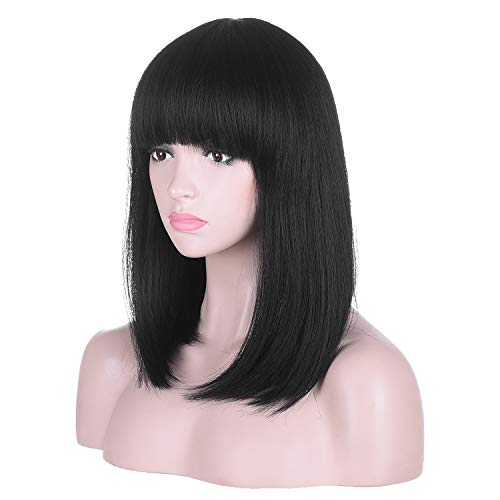 15 Inch Short Black Bob Wig with Bangs | Natural Heat Resistant Synthetic Hair for Women Daily Wear