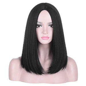 16 Inch Short Black Middle Part Natural Black Bob Wig | Soft Heat Resistant Synthetic Hair for Women Daily Wear Cosplay