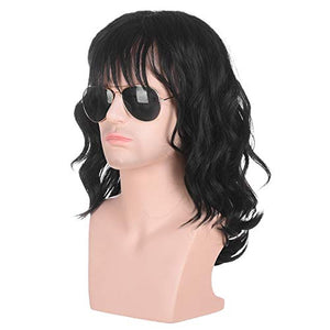 Morvally Mens 70s 80s Black Long Curly Big Hair Wig Glam Mullet Rocker Wig Perfect for Halloween, Cosplay, Themed Costume Party