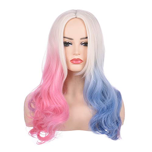Morvally Long Wavy Blonde Blue Pink Ombre Wigs for Women Cosplay Halloween