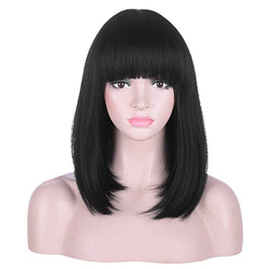 15 Inch Short Black Bob Wig with Bangs | Natural Heat Resistant Synthetic Hair for Women Daily Wear