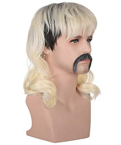AMZCOS Tiger King Joe Exotic Costume Halloween Sets | Dark Roots Blonde Wavy Wigs with 6 Earrings | Tiger Mustache