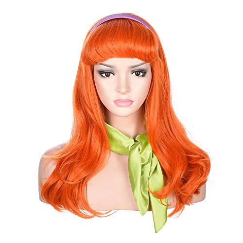 Morvally Long Wavy Ginger Orange Bangs Synthetic Wigs with Headband and Scarf for Women