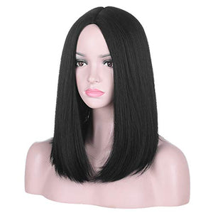 16 Inch Short Black Middle Part Natural Black Bob Wig | Soft Heat Resistant Synthetic Hair for Women Daily Wear Cosplay