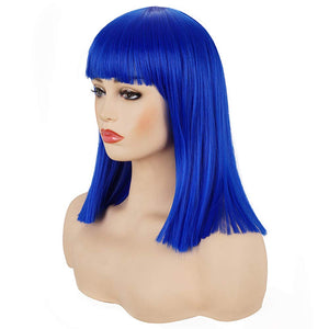 Morvally Short Straight Bob Wig Heat Resistant Hair with Blunt Bangs Natural Looking Cosplay Costume Daily Wigs (14", Blue)