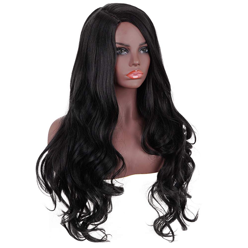 Morvally 28 Inches Long Black Wigs for Women - Natural Looking Wavy Heat Resistant Synthetic Hair Right Side Parting Replacement Wig