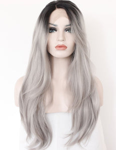 Morvally 22 Inches Ombre Gray Dark Roots Gray Synthetic Lace Front Wig
