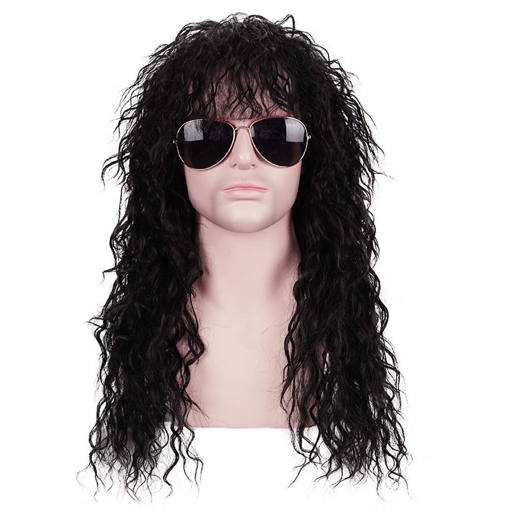 Morvally Men's 80s Style Long Black Curly Hair Wig Glam Rock-Rocker Wig Perfect for Halloween, Cosplay, DIY Themed Costume Party