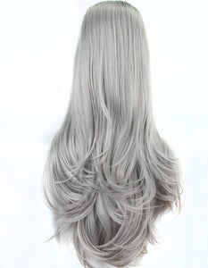 Morvally 22 Inches Ombre Gray Dark Roots Gray Synthetic Lace Front Wig
