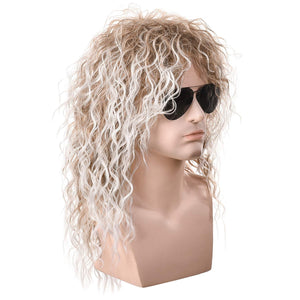 Morvally Men's 80s Style Wigs | Long Curly Silver Mixed Brown Synthetic Hair | Heavy Metal, Glam Rock-Rocker Wig | Perfect for Halloween, Cosplay, DIY Themed Costume Party