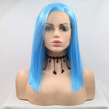 将图片加载到图库查看器，Morvally 12 Inches Short Straight Blue Lace Front Wigs for Women