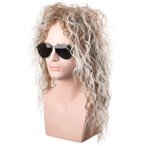 Morvally Men's 80s Style Wigs | Long Curly Silver Mixed Brown Synthetic Hair | Heavy Metal, Glam Rock-Rocker Wig | Perfect for Halloween, Cosplay, DIY Themed Costume Party