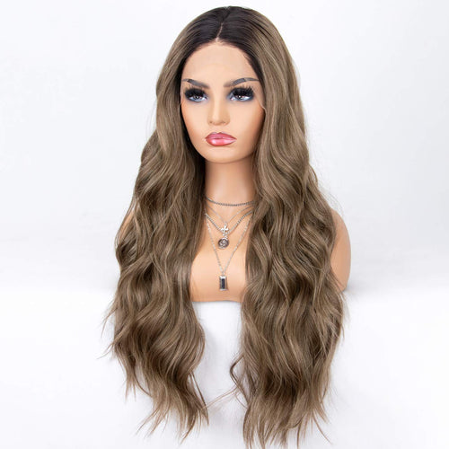 Morvally 22 Inches Long Brown Ombre Dark Roots Lace Front Wigs