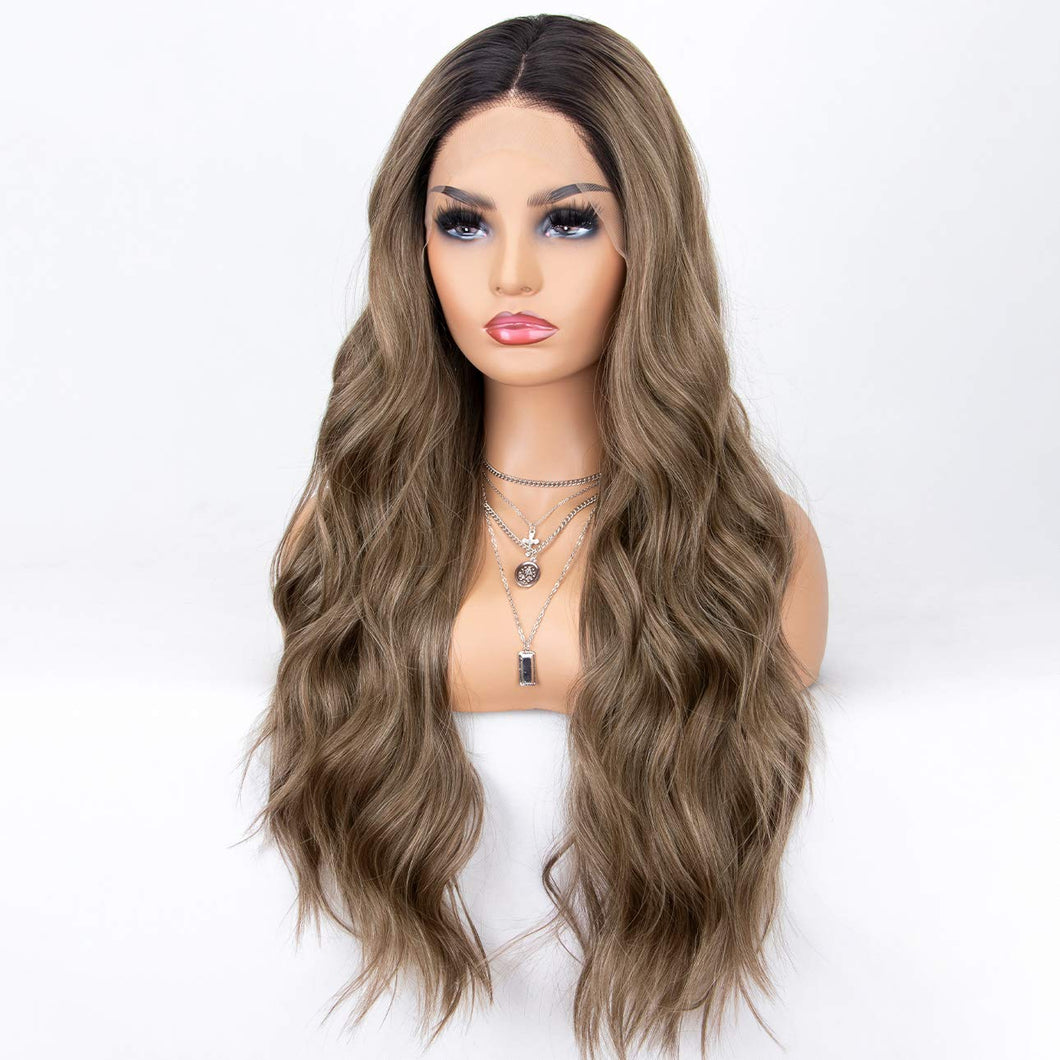 Morvally 22 Inches Long Brown Ombre Dark Roots Lace Front Wigs