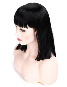 Morvally Short Straight Bob Wig with Flat Bangs Natural Looking Heat Resistant Hair Cosplay Costume Wigs (14 inches Natural Black)