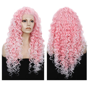 Morvally 26 Inches Ombre Long Pink Curly Lace Front Wigs For Women
