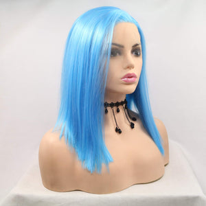 Morvally 12 Inches Short Straight Blue Lace Front Wigs for Women